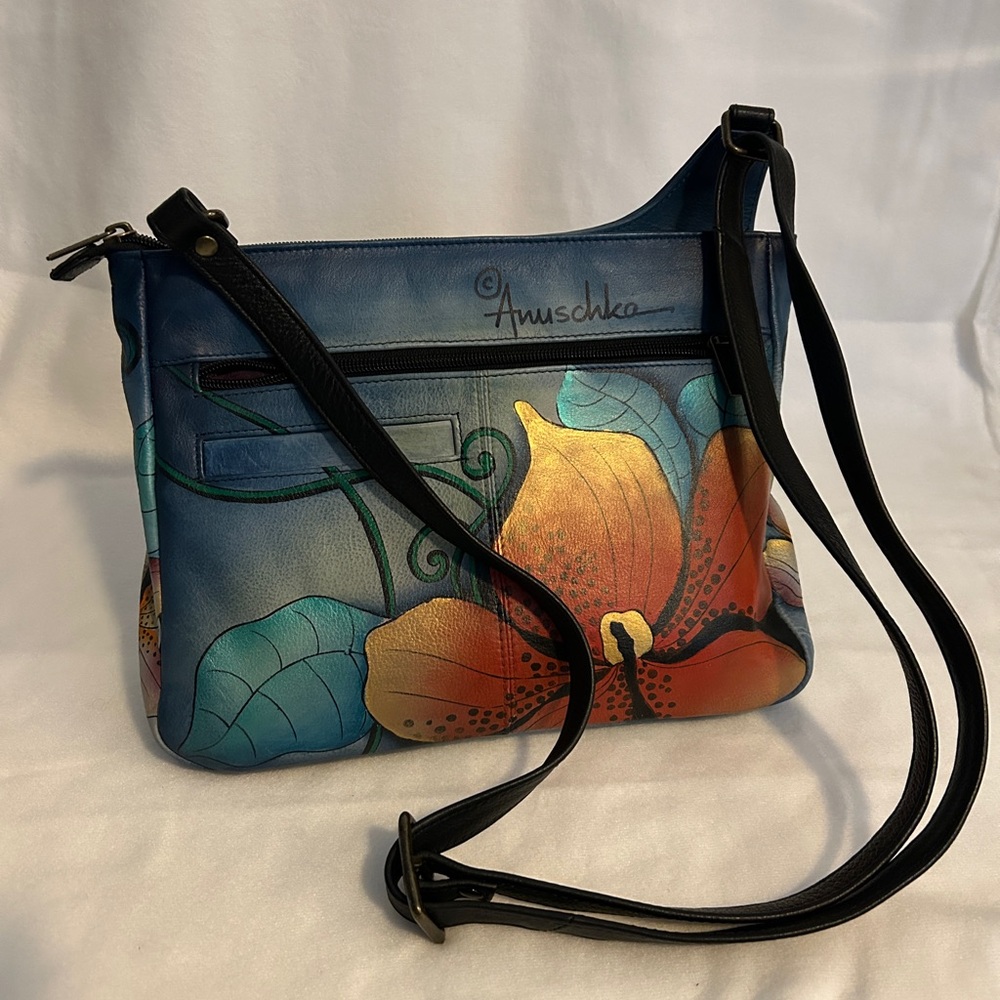 Anuschka Blue and Orange Adjustable Crossbody Bag